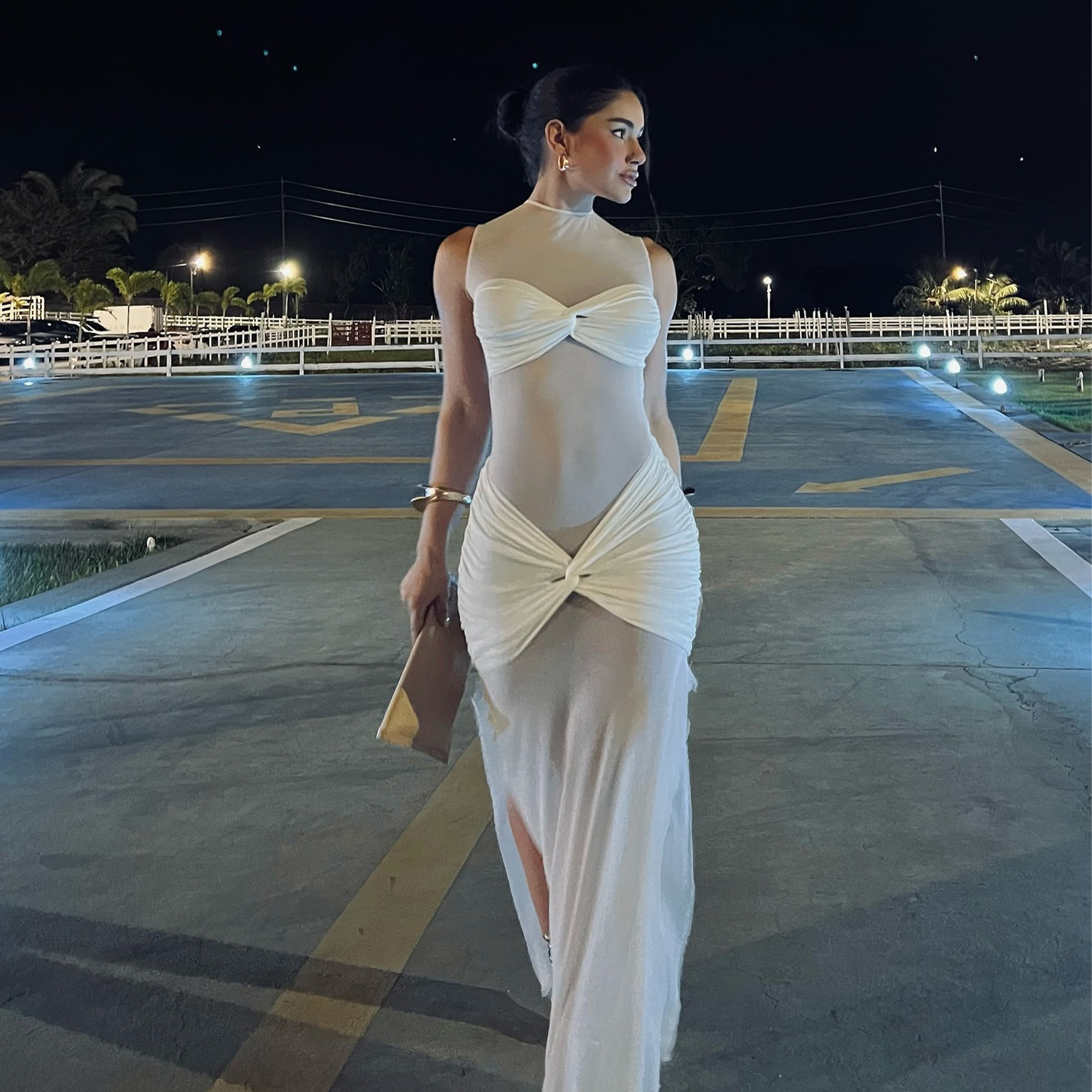 D098DS2025 Spring New Evening Dress Sheer Mesh Sexy Solid Color Bodycon Womens Dress