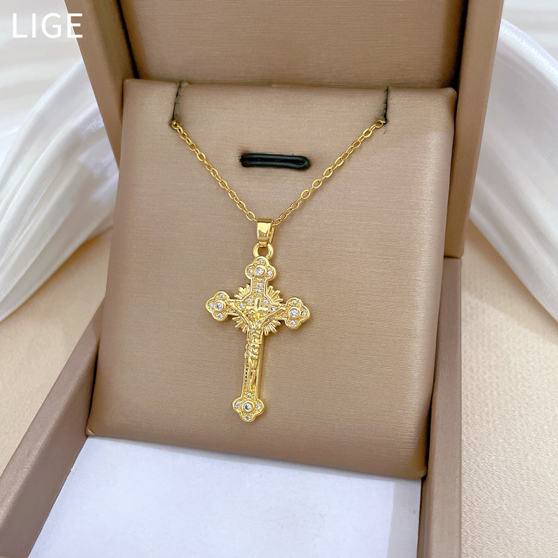 New High-end 316L Stainless Steel Cross Pendant Zircon Diamond Jesus Chain Necklace for Men Women 18K Gold Plated Pendant Street Trendy Jewelry Global
