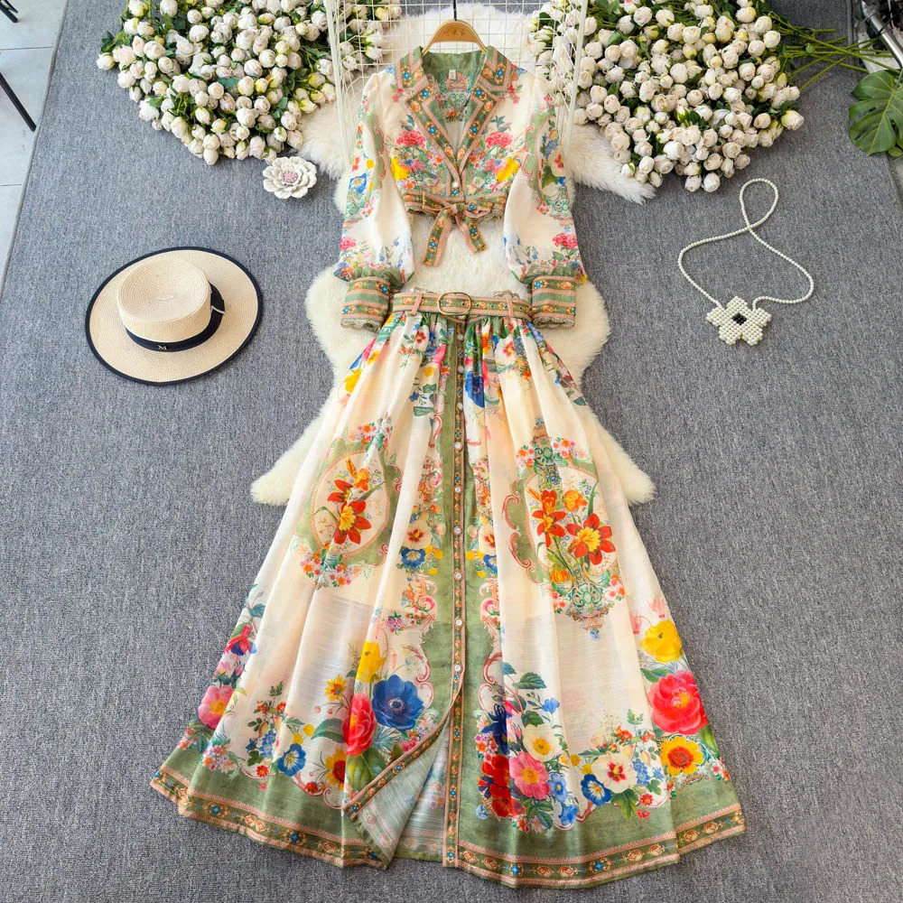 2025 Spring French Style Elegant Dress Two Piece Sets Notched Collar Long Sleeve Top High Waist A-line Skirts Vintage Print Suit 250728