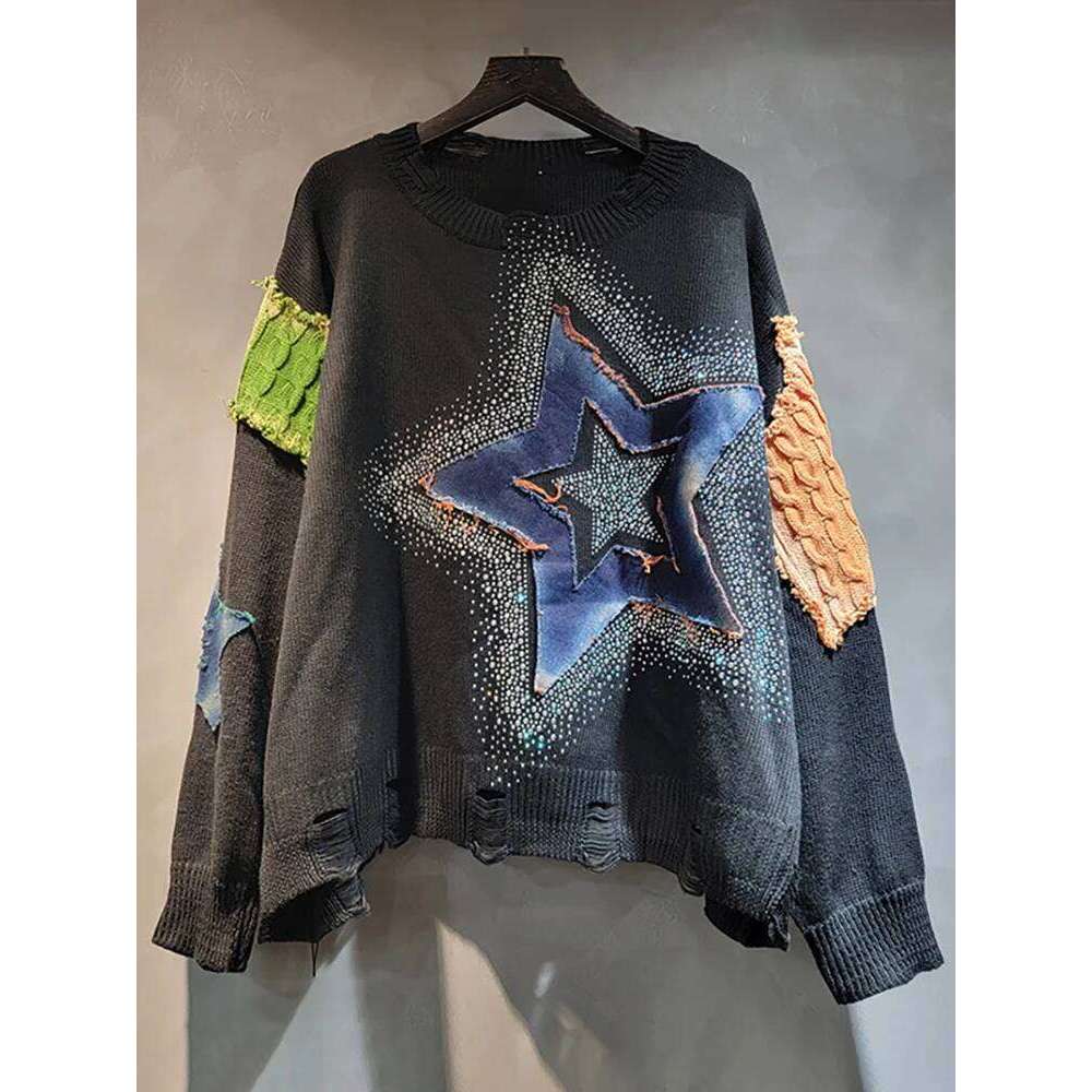Designer Clothing 2025 DEAT Women's Pullover Patchwork Denim Star Rhinestone Broken Holes O-Neck Loose Long Sleeve Sweater 2025 Summer New Fashio