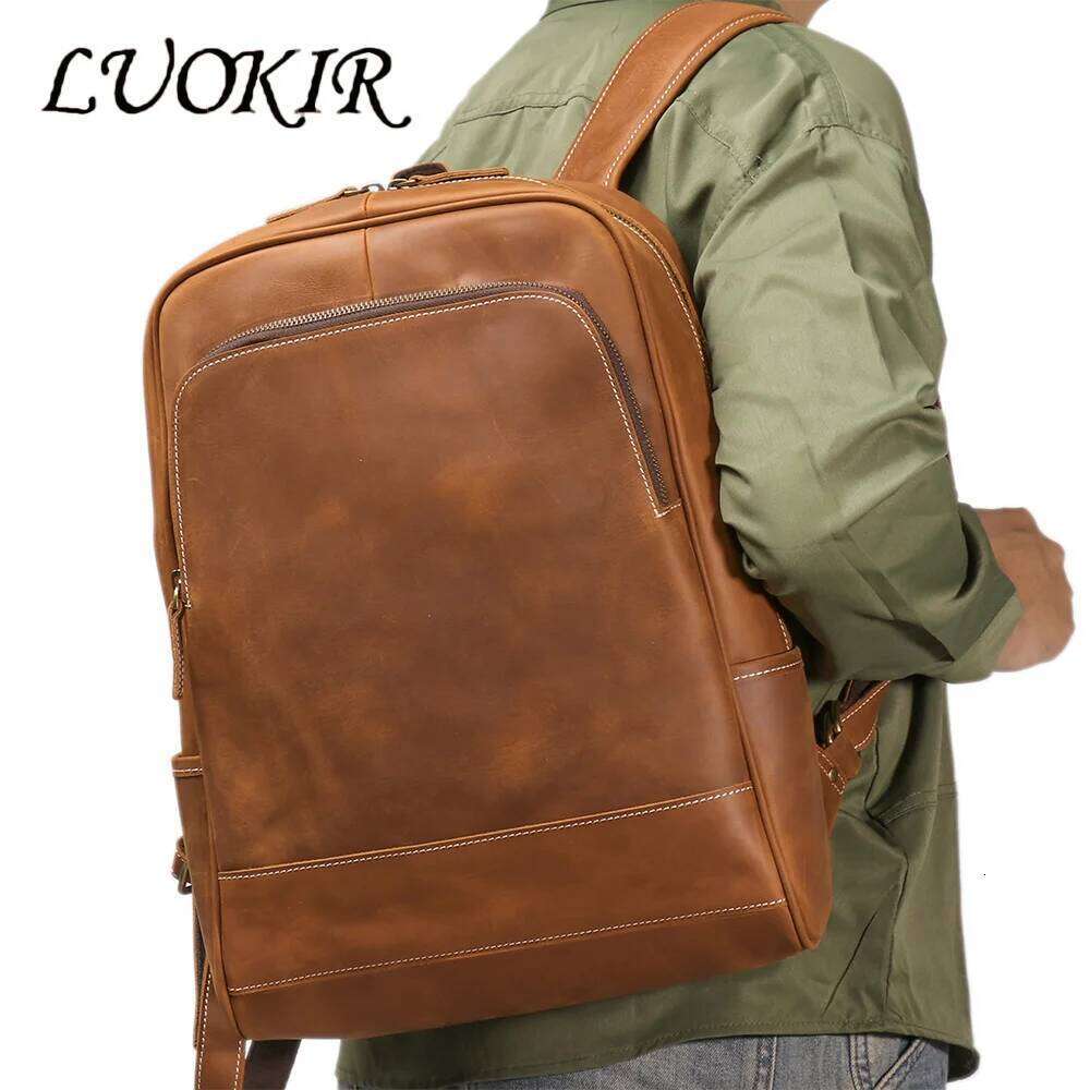 LUOKIR Vintage Men's Crazy Horse Genuine Leather Travel Backpack Large Capacity Cowhide Laptop School Bag 250731