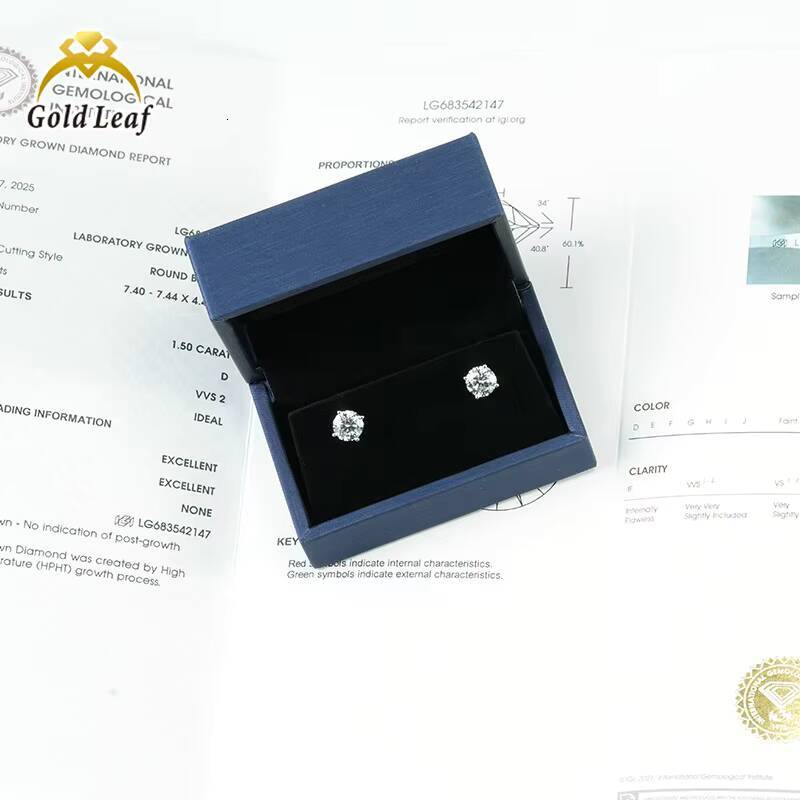 Goldleaf Jewelry IGI D VVS Lab Grown Diamond 0.5CT 1CT Earrings 14k White Gold Fine Diamond Women Stud Earrings