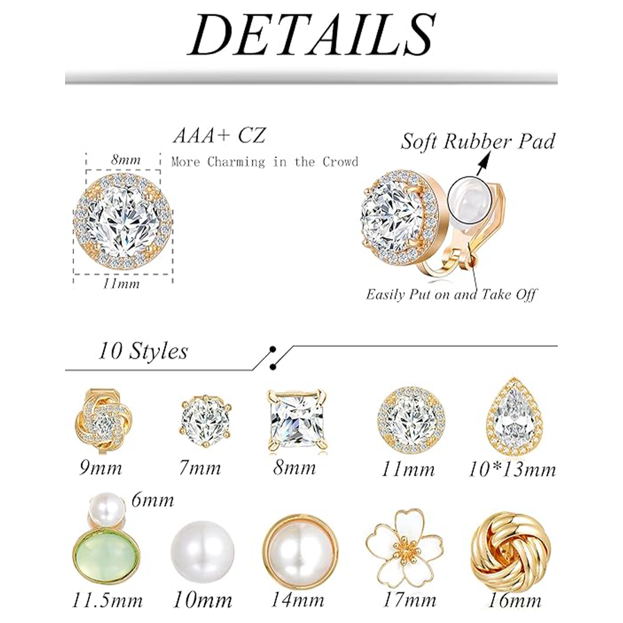 10Pairs Clip on Stud Earrings Non Pierced Teardrop Round Square CZ Pearl Twist Knot Flower Heart Star Rainbow Cat Opal Clip on Earrings for Women Gold