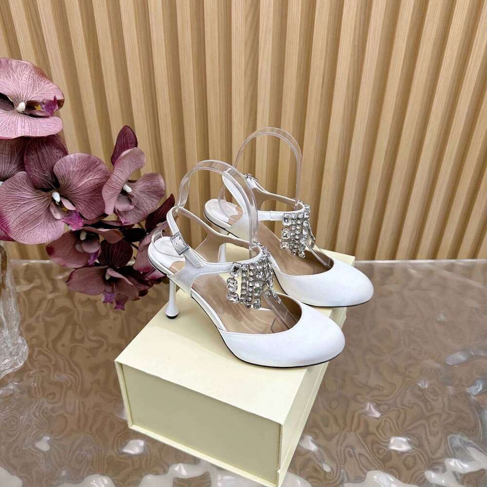 Women Size34-42 Silk Genuine Leather Pumps Slingbacks Crystals Sandals Round Toe Party Designer Shoes Zapatillas De Mujer bbc