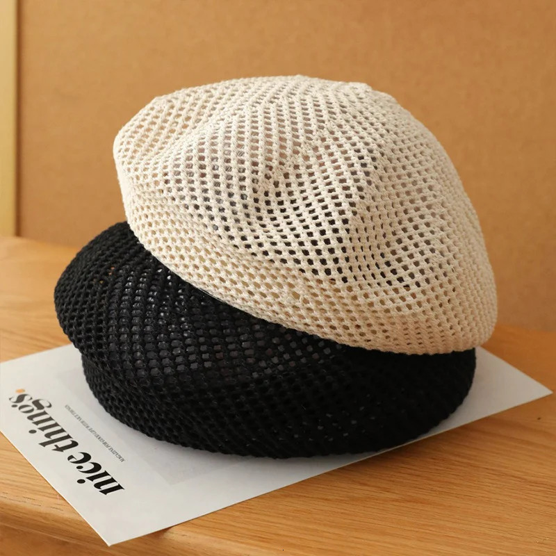 Korean Straw Woven Berets for Women Summer Thin Hollow Mesh Painter Cap Solid Color Breathable Female Lady Pumpkin Hats 250729