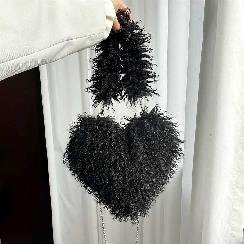Faux Natural Fur-Ever Mongolian Furry Fur Heart Shape Oversized Tote Bags For Women Handbags With Long Shoulder Fur Straps G250729