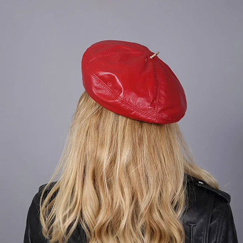 Spring 100% Real Leather Beret Hat Women Fashion European Pumpkin Painter Caps Female Rainbow Color White/Red 250730