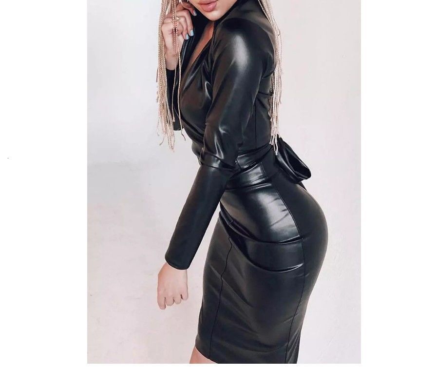 V-neck Jumper Dress PU leather long sleeve shirt dress slim sexy dress