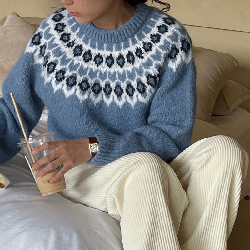 Free Shipping Korean Style Ethnic Knitted Sweater Women's Fall Pullover Versatile Casual Top | FW25