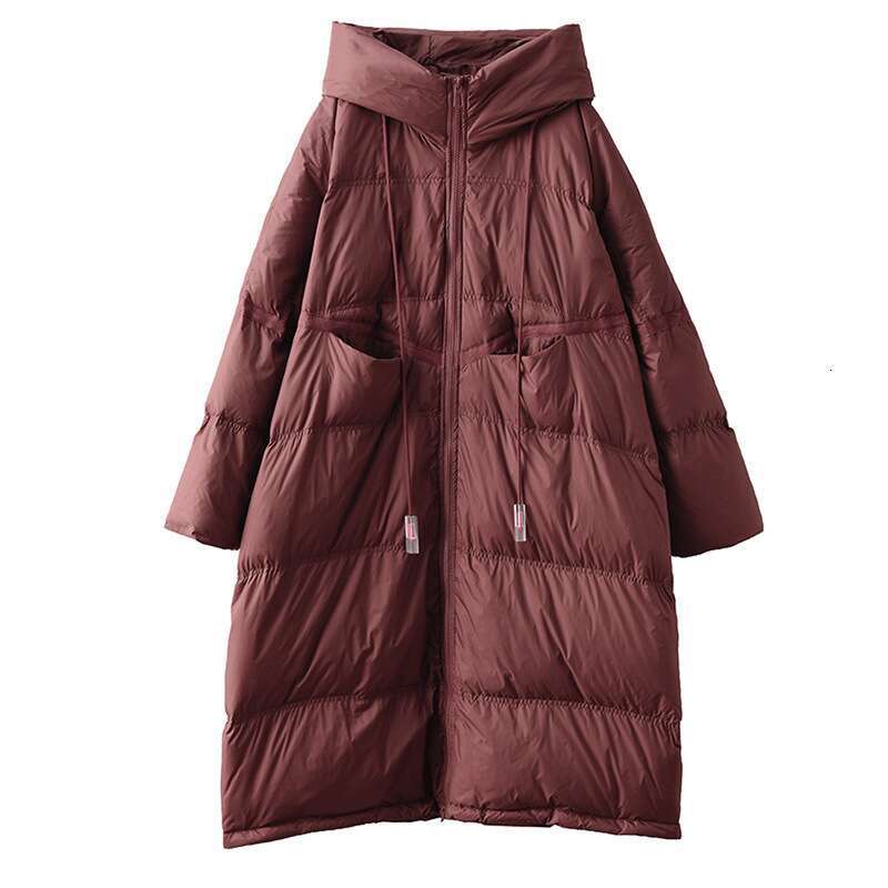 Designer Clothing 2025 Janveny 2025 New Winter Hooded Drawstring Loose Puffer Jacket Women Solid Casual Silhouette Long 90% White Duck Down Warm Coat