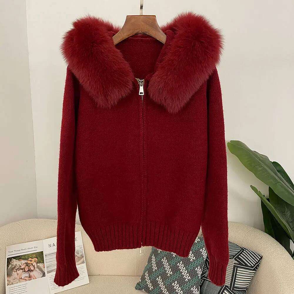 Hooded Real Fox Collar Cardigan Natural Fur Coat For Women Casual Short Knitted Jacket 2024 Fashion Autumn Winter