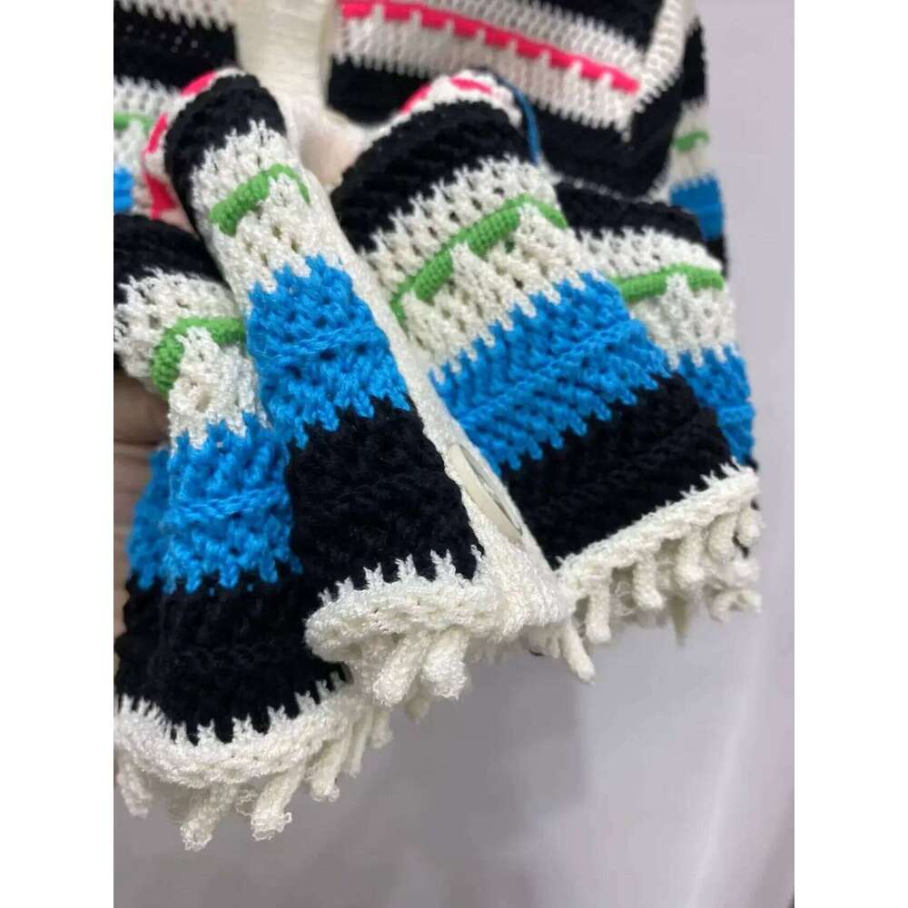 Designer Clothing 2025 Stripes Hollow Out Short Sweater Women Turn-Down Collar Single Breasted Female Short-Sleeved Knit Cardigan 2024 Spring Summer