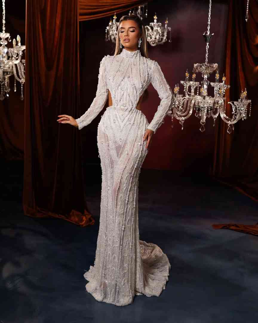 Elegant Mermaid Wedding Dress High Collar Long Sleeves Bridal Gowns Pearls Beaded Sweep Train Dresses Custom Made vestidos de novia