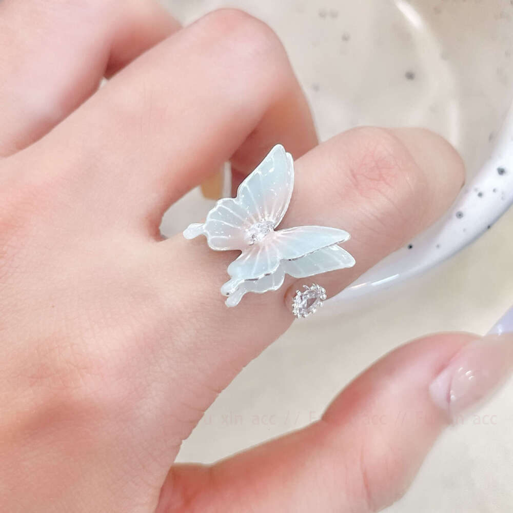 Korean Style Fresh Sweet Gradient Pink Blue Double Layer Open Butterfly for Women Light Luxury Niche Design High-end Sense Ring 69a