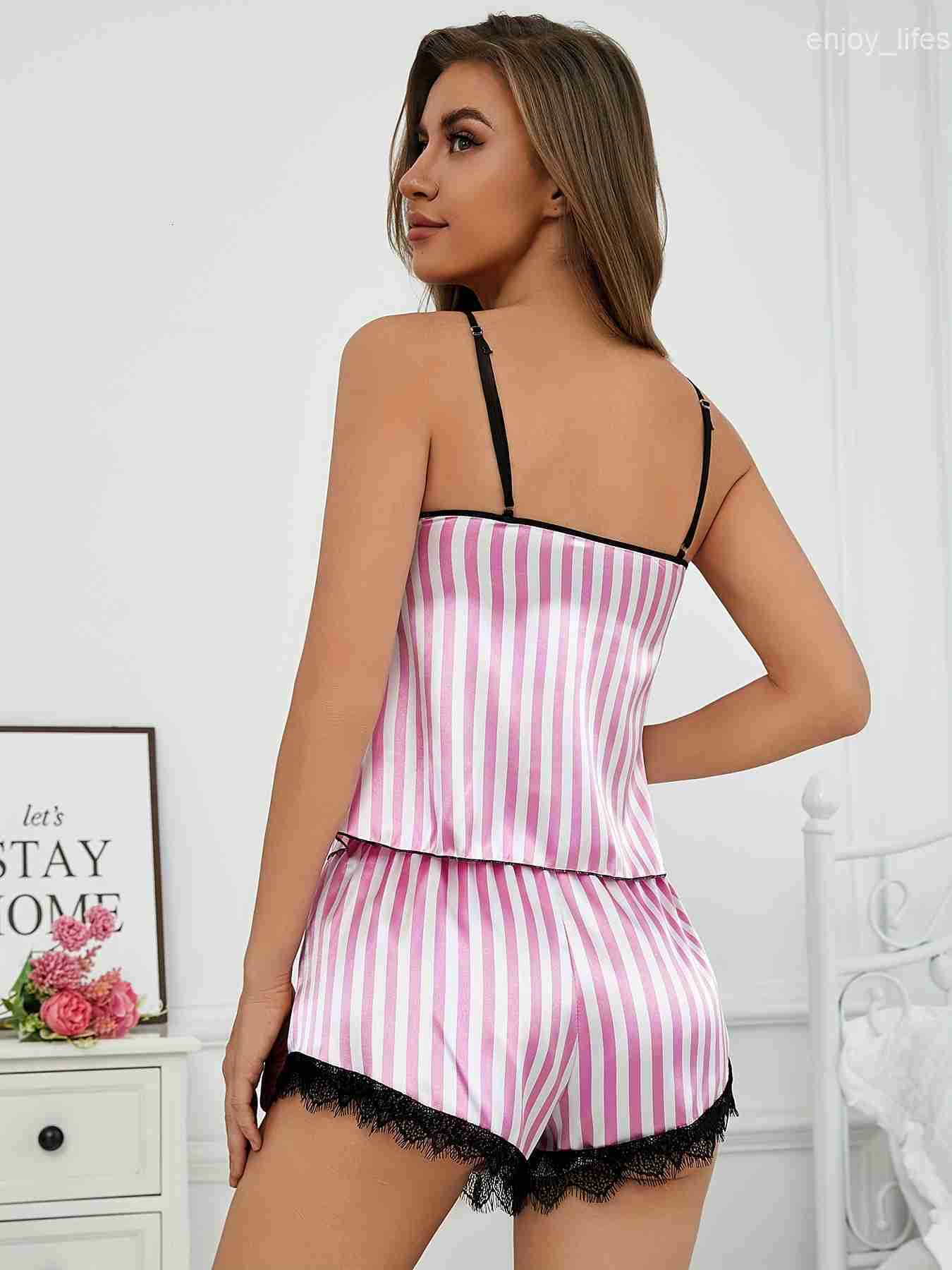 Two Piece Womens V-Neck Sexy Lace Suspender Pajama Shorts Set Casual Womens Sleeveless Sexy Pajama Set