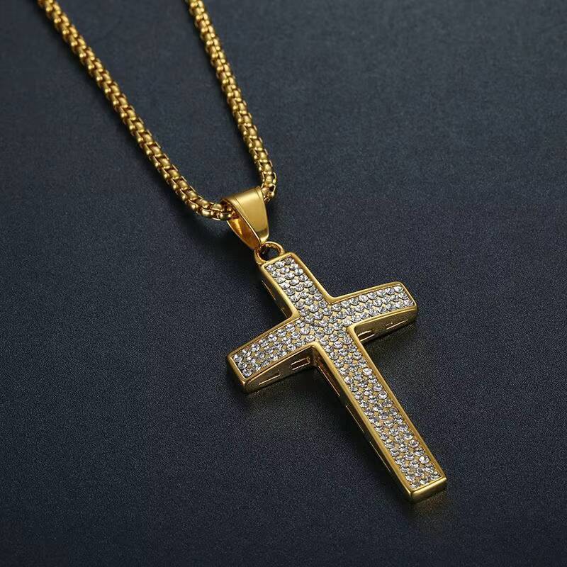 Mens and Womens Dainty Silver Moissanite Pendant Necklace VVS Diamond Cross Gold Plated Stainless Steel Punk Style Jewelry