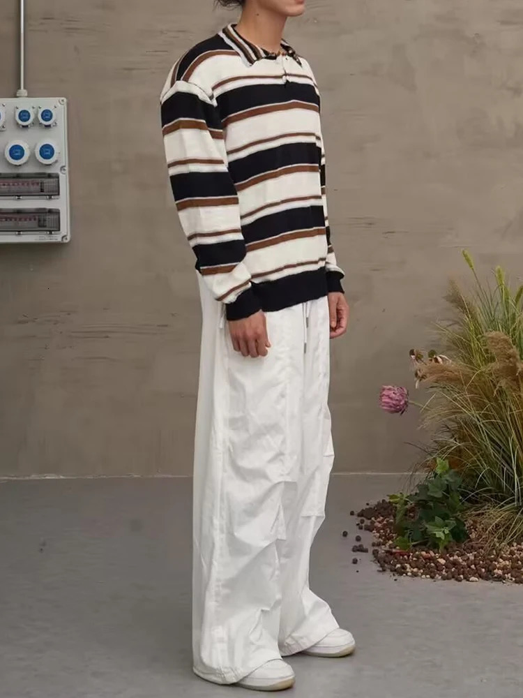 Vintage Contrast Color Knitted Polo Shirt Mens Autumn Outdoor Casual Long Sleeve Jumper Tops Men Fashionable Striped Shirts 250731