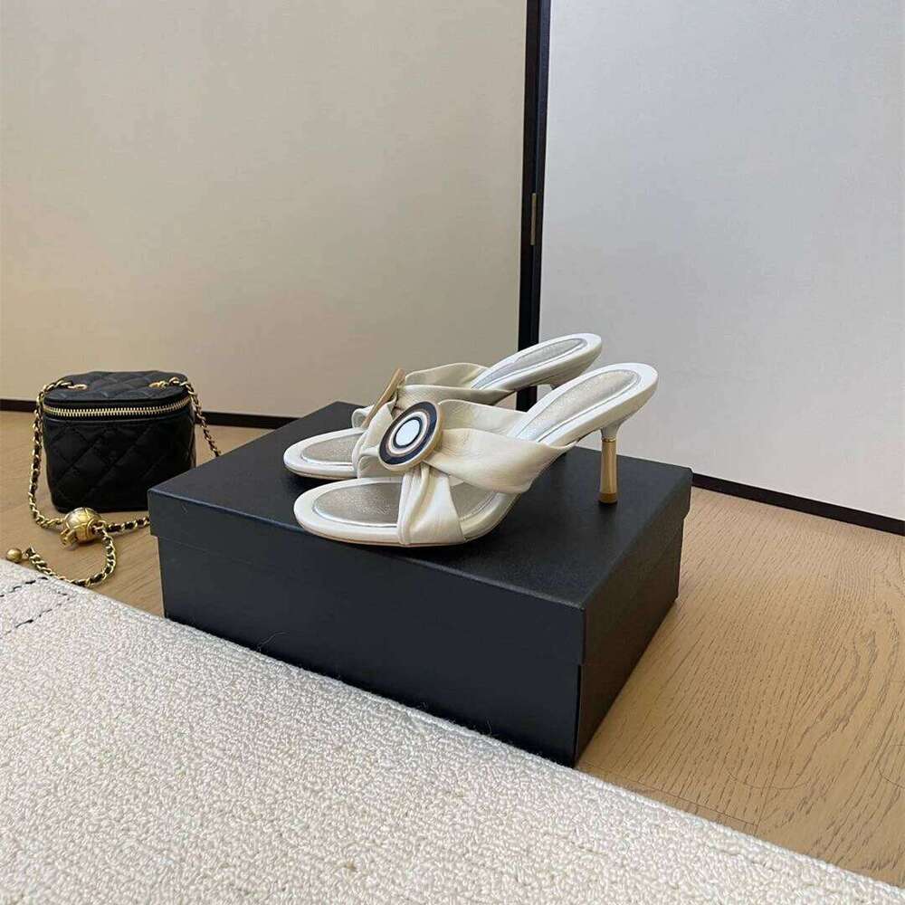 New Women Size34-41 Genuine Leather Slippers High Heels Summer Sides Solid Colors Pumps Designer Shoes Zapatillas De Mujer d76