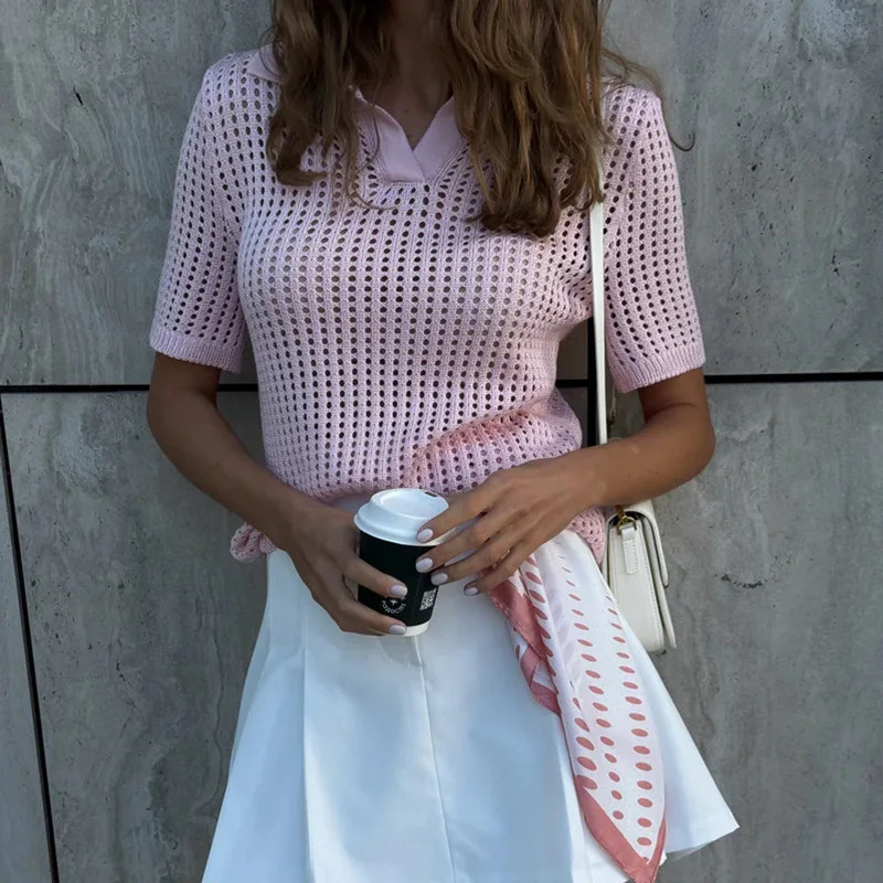 Elegant Hollow Out Pullover Fashion Lapel Collar Knit Polo Blouse Women Casual Short Sleeve Multicolor Shirt Tops w250729