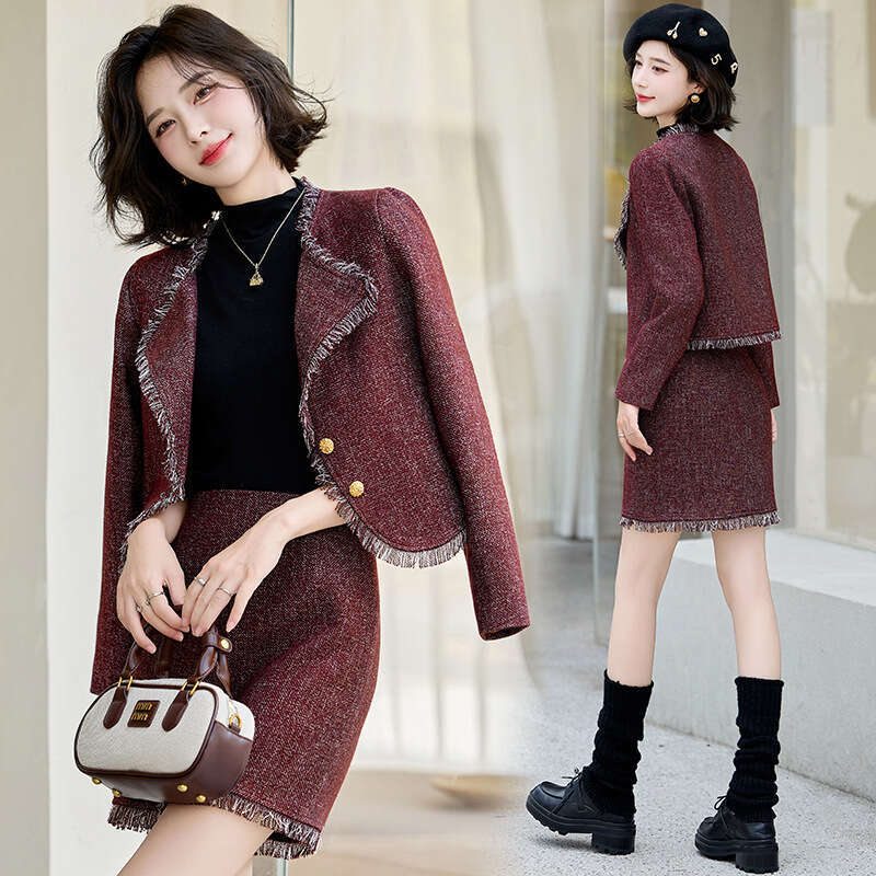 Fashion Casual Suit Autumn New Women's Long Sleeve Elegant Turn-Down Collar Woolen Coat and Skirt Two-Piece Set LT9676