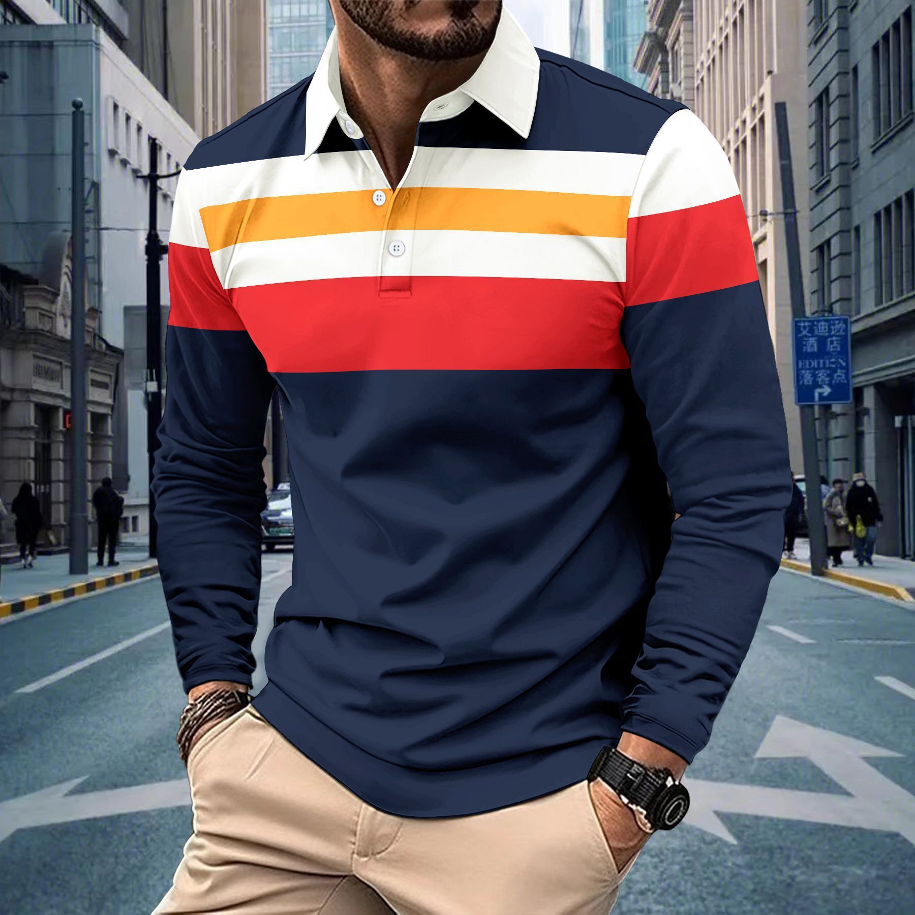 Free shipping for 2025 Designer men's long spring and Autumn season sleeved new printed color block lapel men's casual Polo shirt