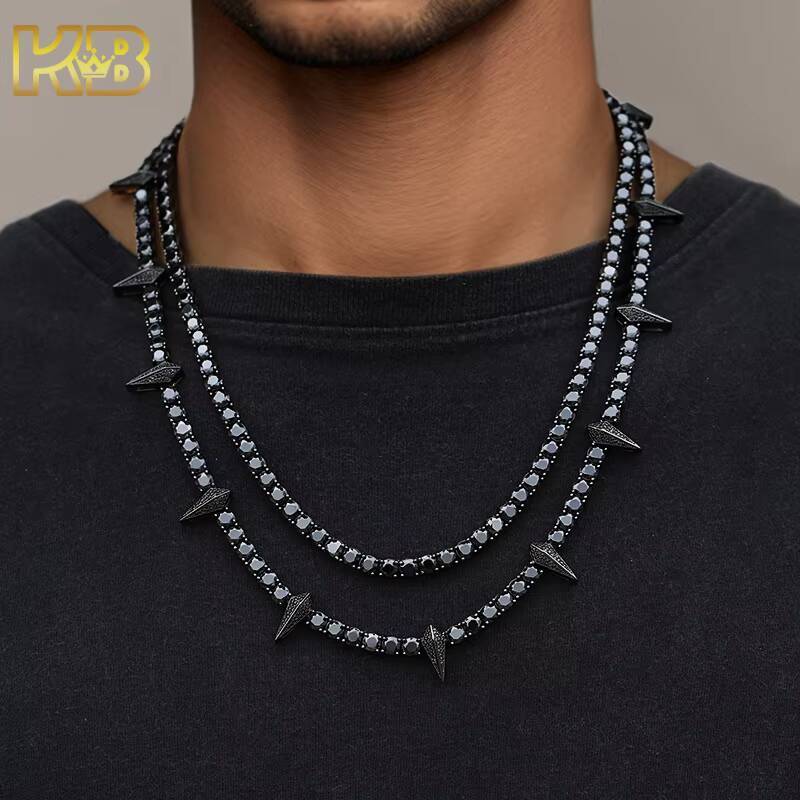 4mm Black Moissanite Tennis Chain IcedOut Hip-Hop Necklace VVS Black Stones925 Silver PVD Coated Pass test