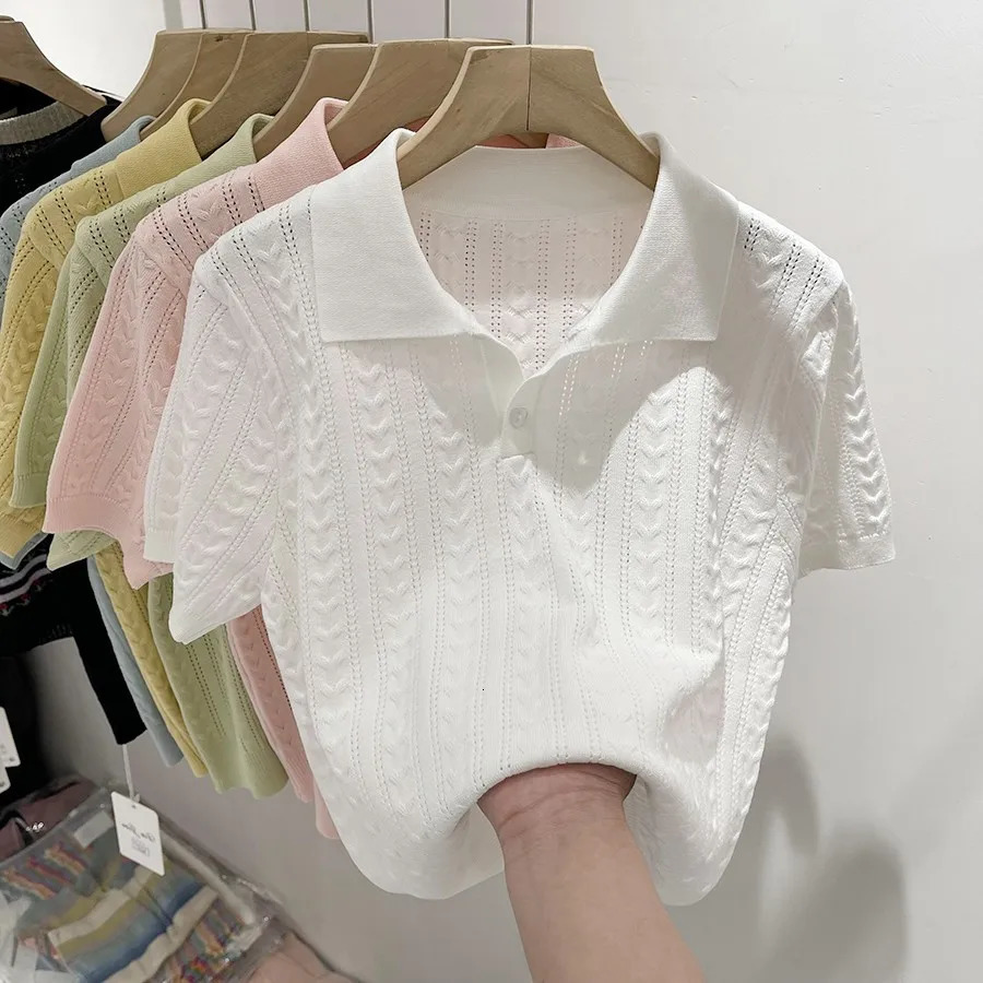 Summer Soft and Sticky POLO Collar Ice Silk Knitted Sweater for Women with A Niche Short Sleeved n Thin Top 250729