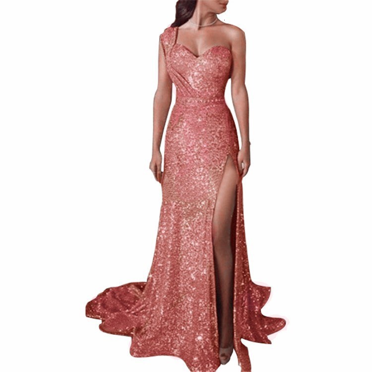 Summer neck hanging dress long banquet style sexy and high-end feeling one shoulder hot pressed gold long evening dress