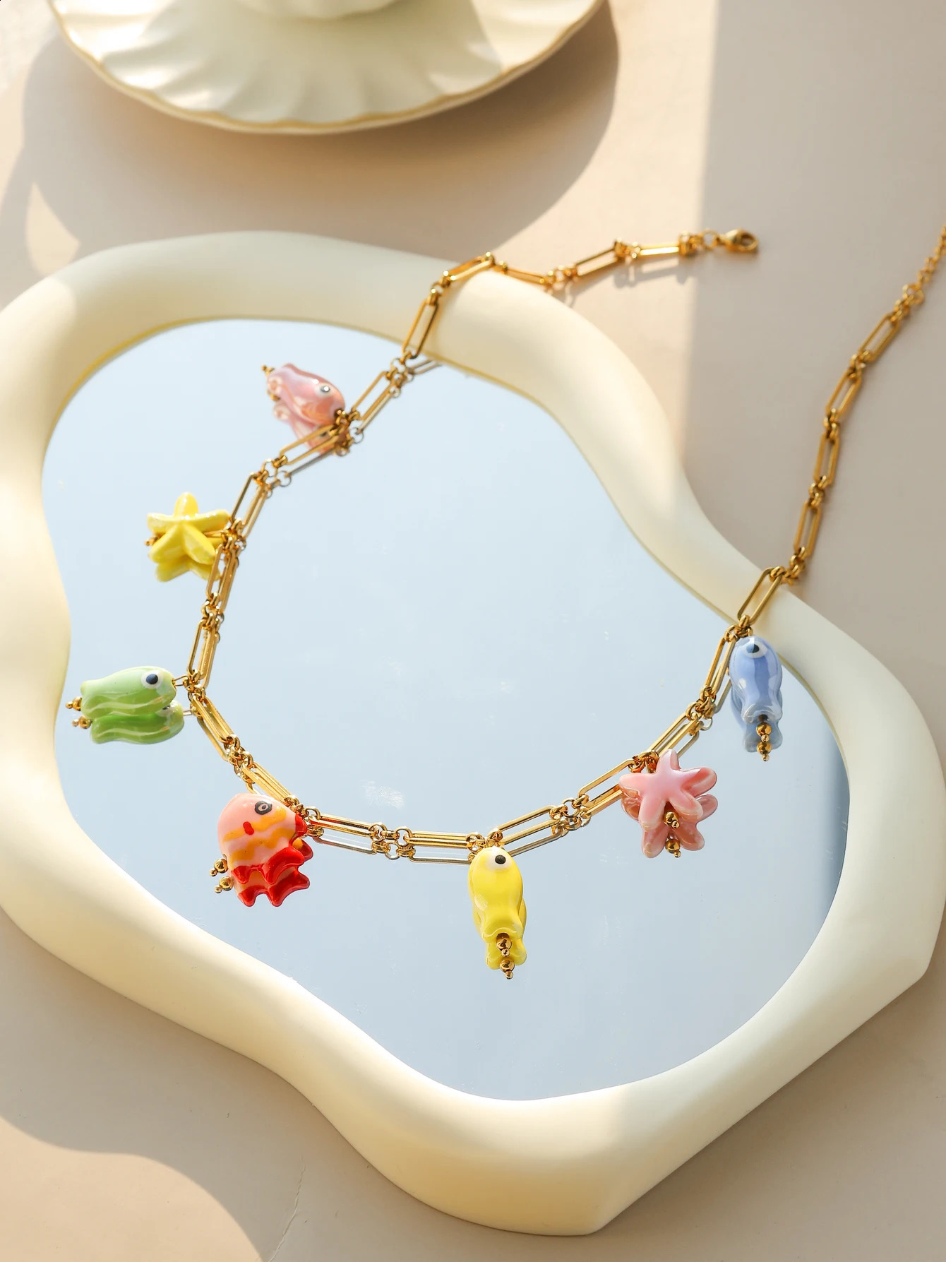 Fashion Stainless Steel Ceramic Starfish Fish Necklace for Women Girls Summer Beach Party Waterproof Cute Jewelry 250716