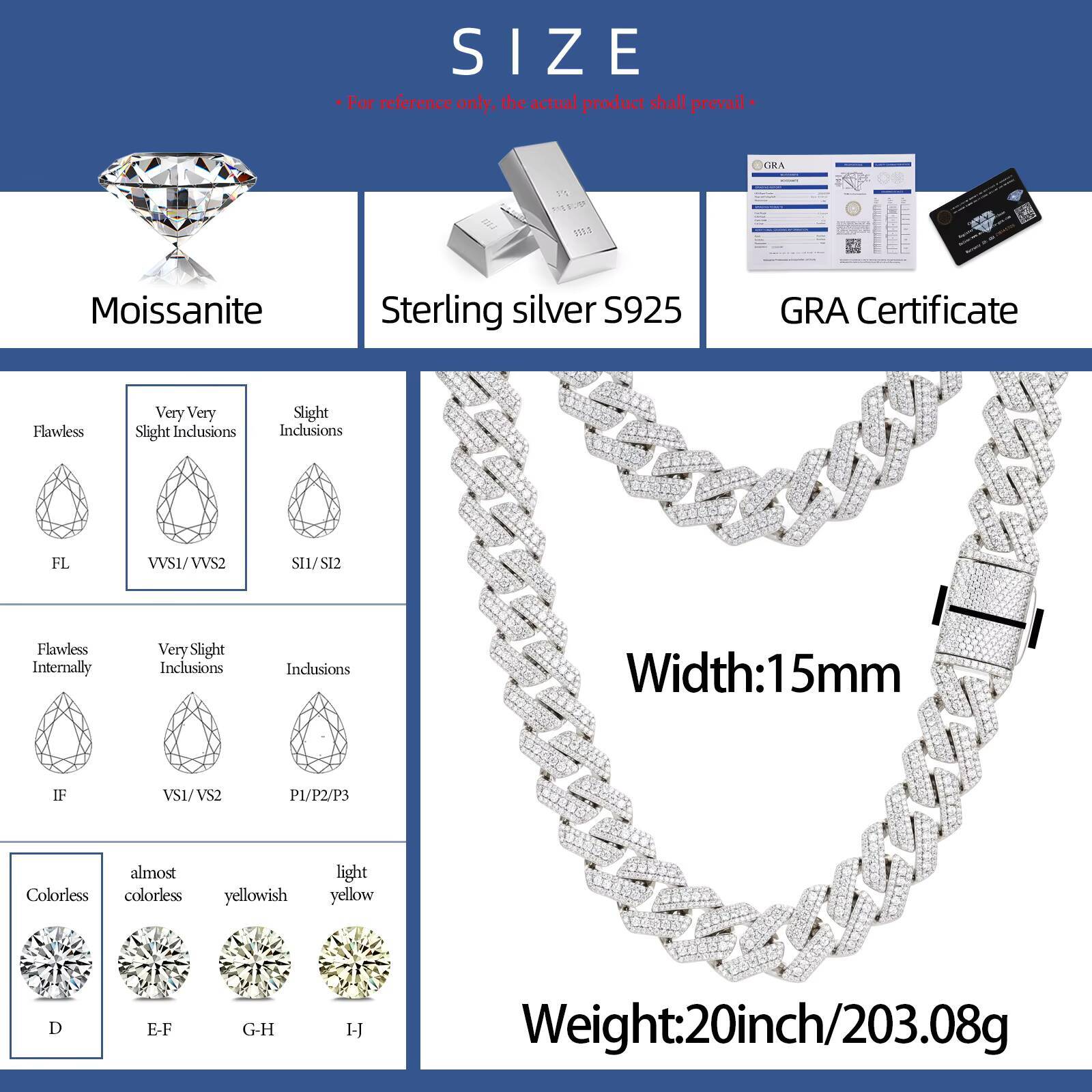 Hip Hop Jewelry Necklace Iced Out Moissanite Sterling Silver 925 15mm VVS Diamond Cuban Link Chain for Men