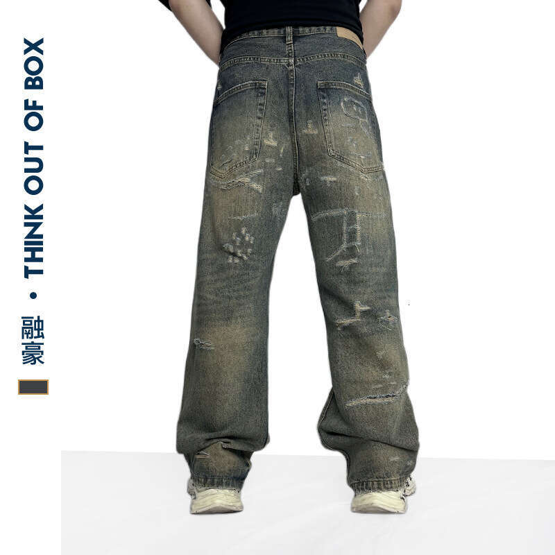 Stain-Dyed Personality Ripped Jeans American Vintage Washed Design Summer Trendy Unisex Wide-Leg Pants B5