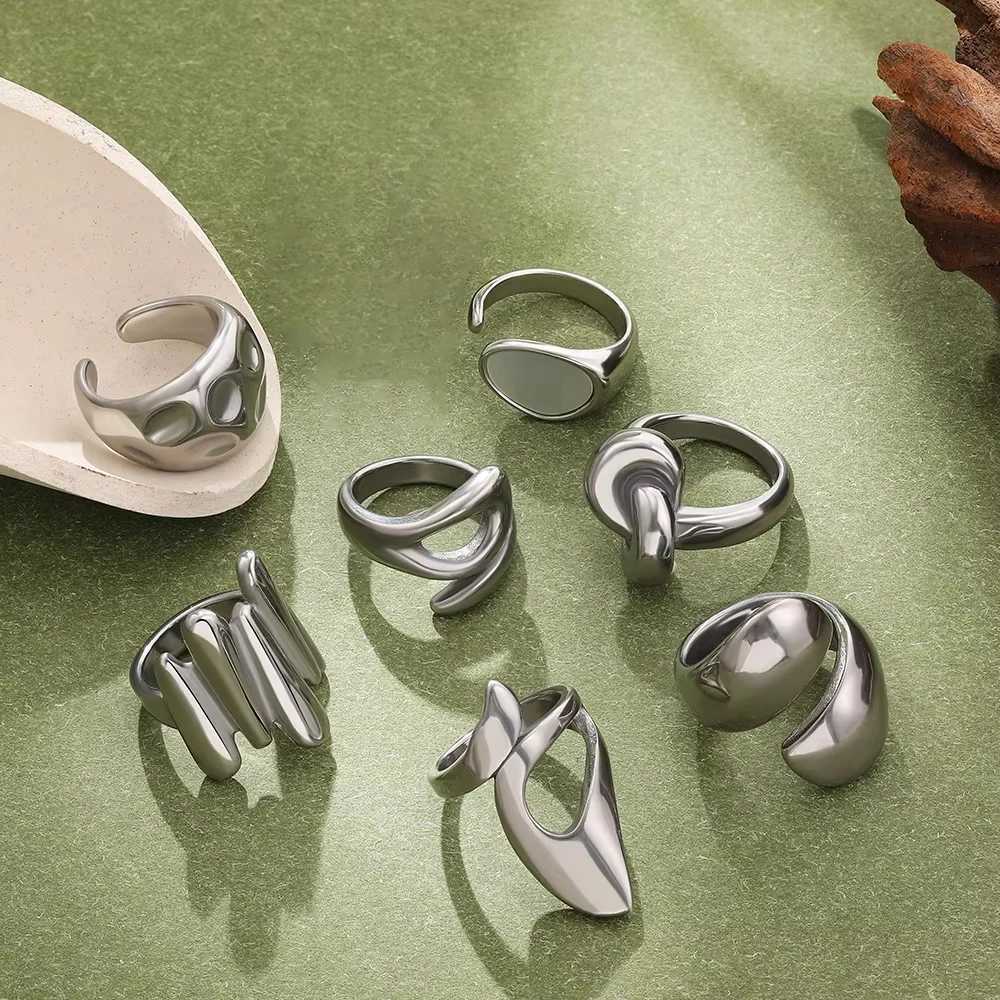 Stainless Steel Irregular Geometric Rings for Women Minimalist Smooth Wide Chunky Open Ring Statement Jewelry Gift y250730