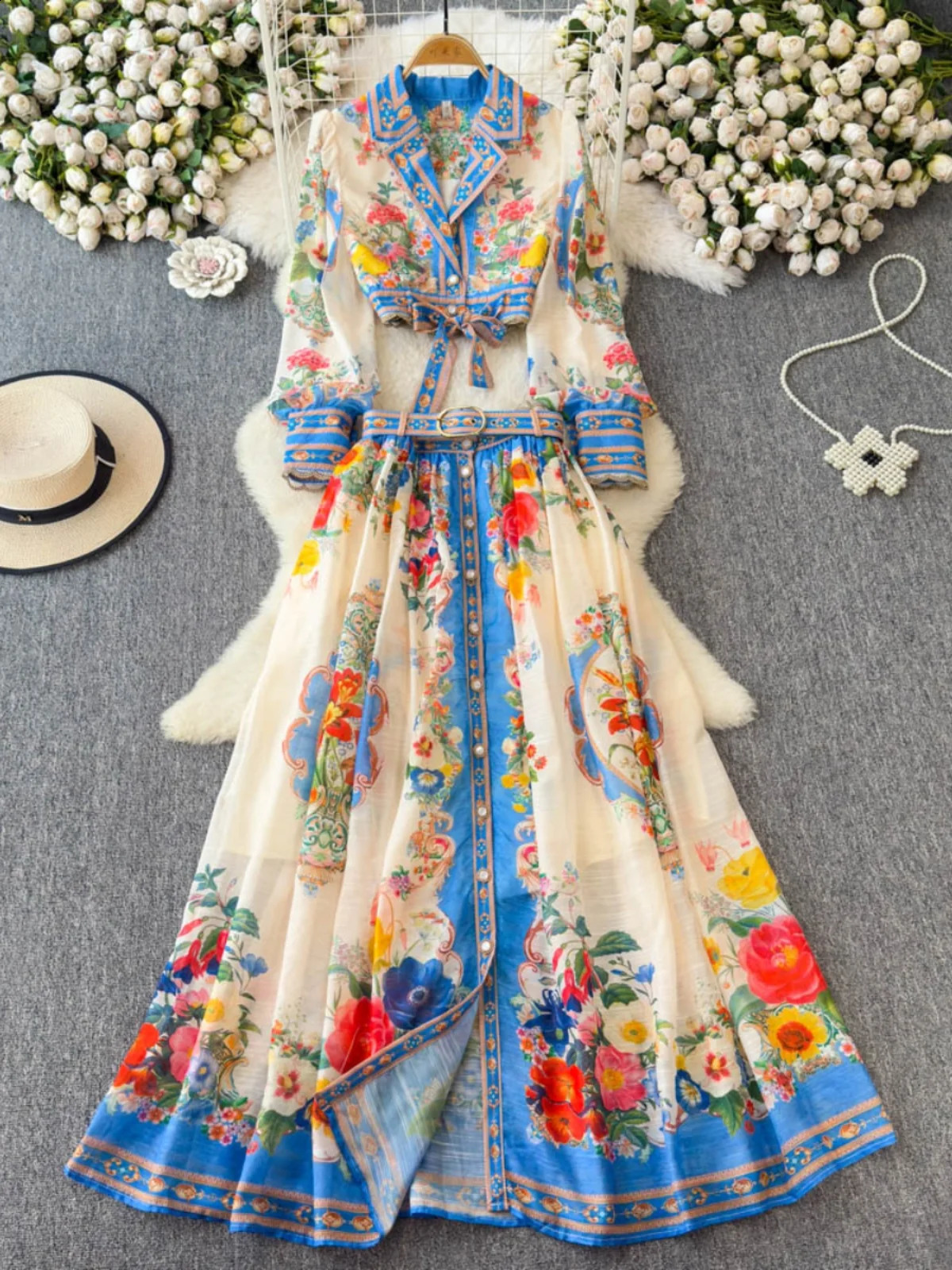 2025 Spring French Style Elegant Dress Two Piece Sets Notched Collar Long Sleeve Top High Waist A-line Skirts Vintage Print Suit 250728