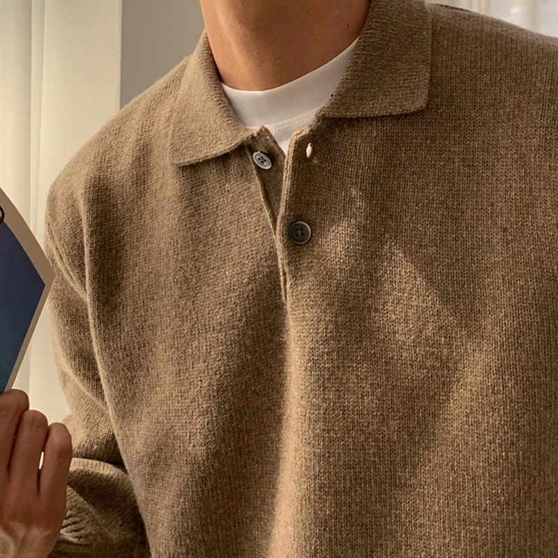 Autumn Winter Mens Knit Jumper Tops Casual Solid Color Button Lapel Sweaters Vintage Long Sleeve Sweater Polo Shirts 250731
