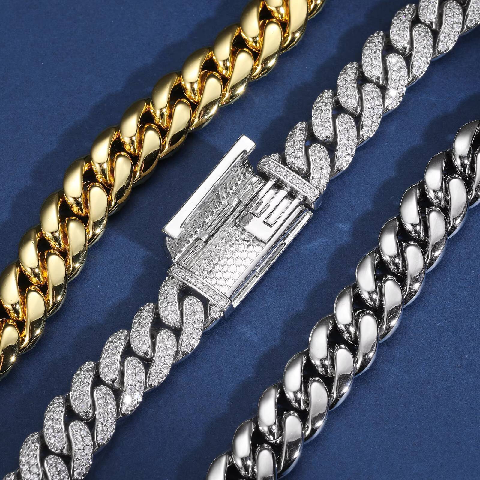 Wholesale Party Jewelry Hip Hop Mens 12mm Gold Plated Silver VVS Moissanite Colorful Iced Out Button Cuban Link Chain