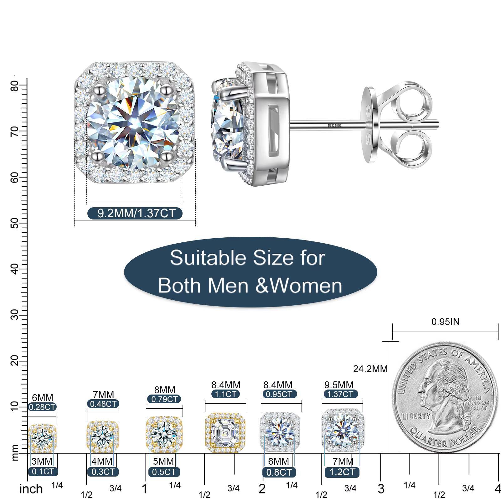 Jewelry 925 Sterling Silver VVS Moissanite Diamond Classic Square Halo Stud Earrings for Men Women