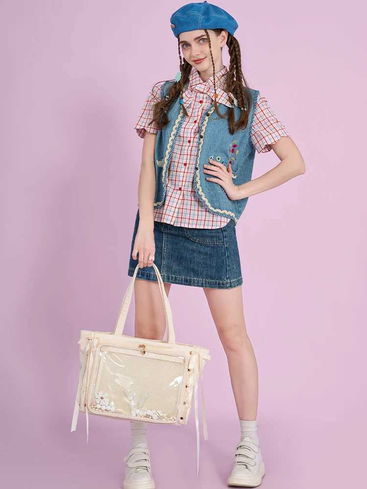 Japanese Large Capacity Satin Ribbon Ita Bag Sweet Anime Transparent Tote Bag Lolita Shoulder Bags Clear Pvc Handbags Y250730