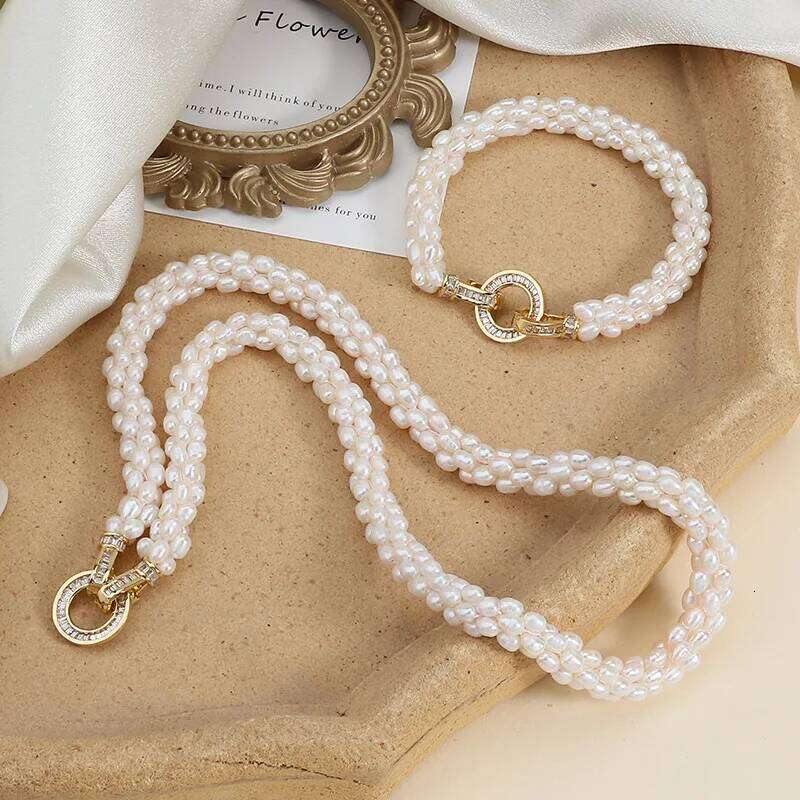 New Design 3-4mm Natural White Rice Shape Freshwater Pearl Necklace Bracelet Jewelry Set