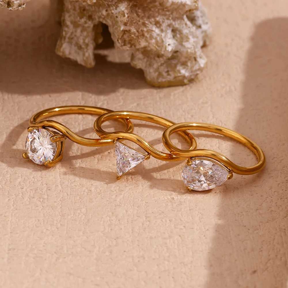 18K Gold Plated Waterproof Minimalist Wave Drop Round Zircon Ring 316L Stainless Steel Womens Rings Accessories y250730