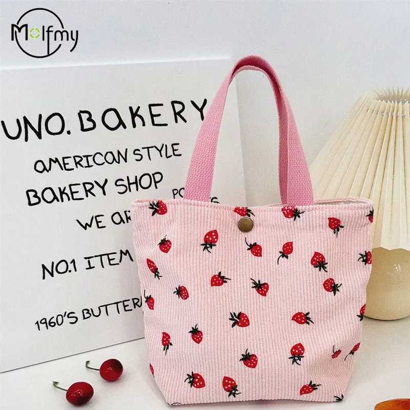 Womens Bag Strawberry Cosmetic Lunch Bento Bag Corduroy Female Travel Shoulder Bags Simple Portable Storage Handbags 2024 Y250730