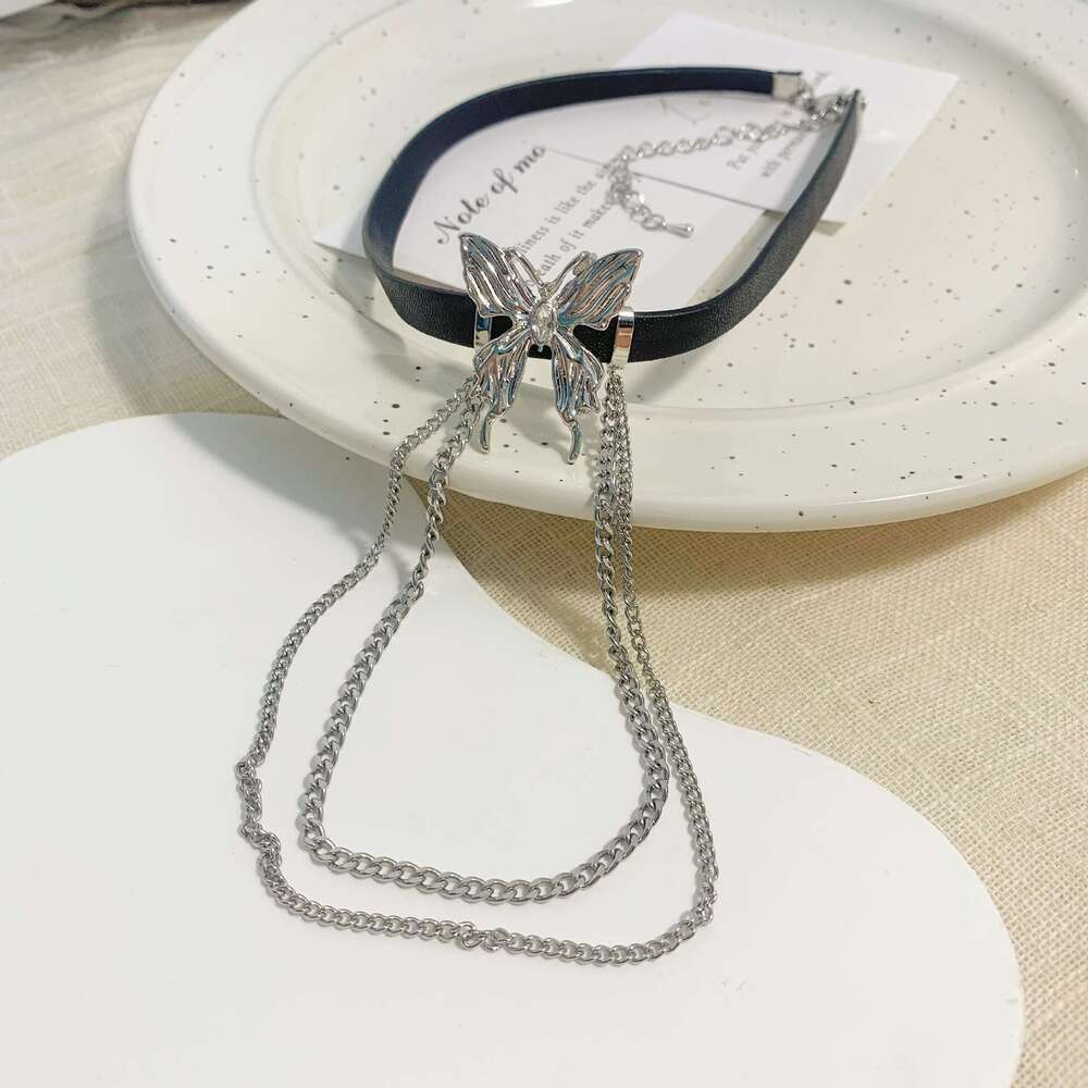 Fuxin Butterfly Tassel Necklace for Women, Niche Design, High-end Hot Girl Leather Cord Choker 6af