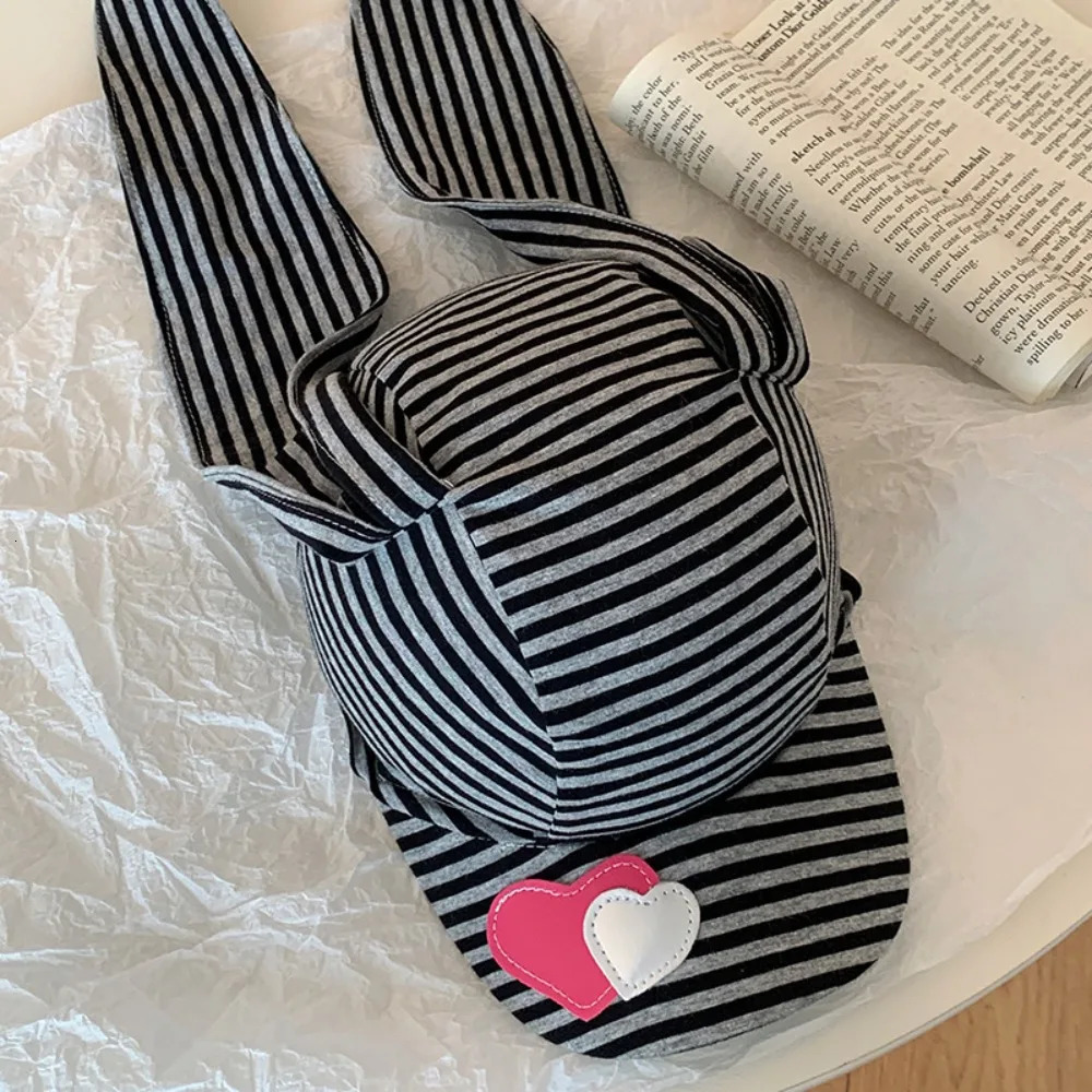 Fashion Rabbit Bunny Ears Baseball Cap Y2K Sunscreen Lop Ear Cap Punk Peaked Heart Stripe Hat Girl 250730