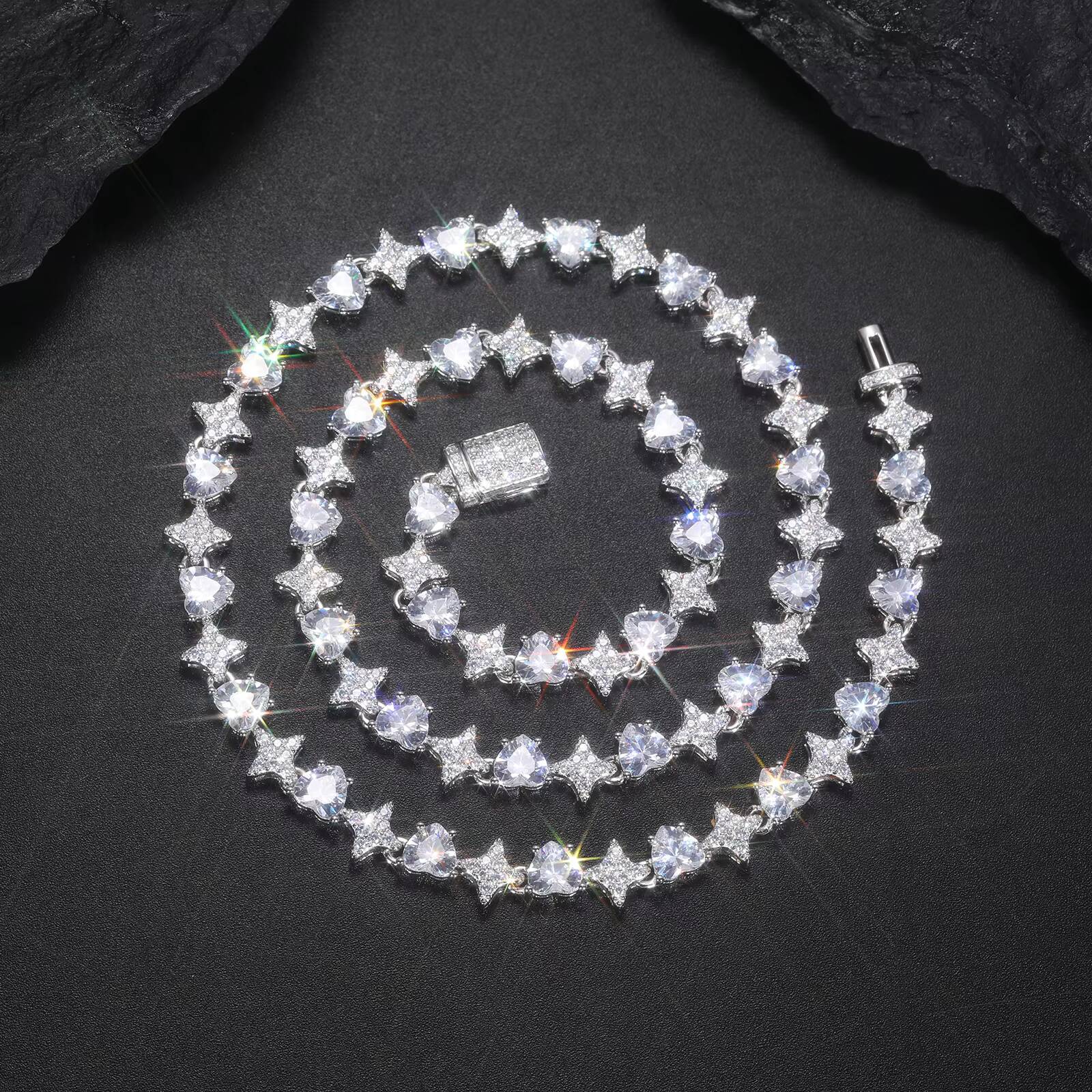 Fashion Unisex Rappers Jewelry 8mm 925 Sterling Silver Heart Cut VVS Moissanite Diamond Iced Out Star Tennis Chain Necklace