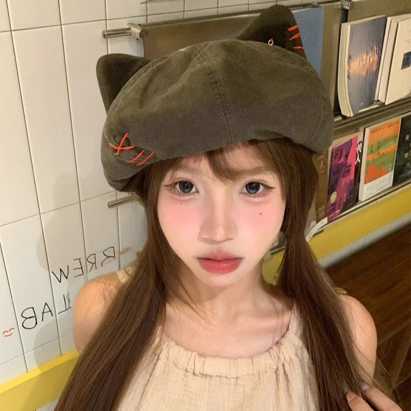 Japanese Cute Cat Ear Beret Womens Sweet and Cool Fashion Hats Niche Cloud Painter Hat 250730