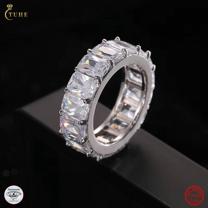 Fine Engagement Jewelry 925 Sterling Silver Emerald Cut 6.5mm VVS Moissanite Diamond Wedding Band Ring for Women Men