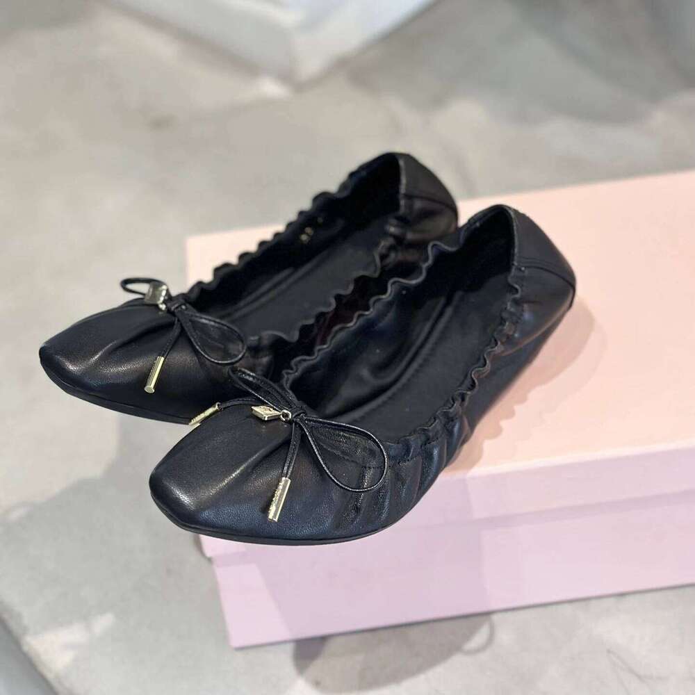 Women Genuine Leather Ballet Flats Butterfly Knot Denim Round Toe Slip On Solid Colors Designer Shoes Zapatillas De Mujer c88