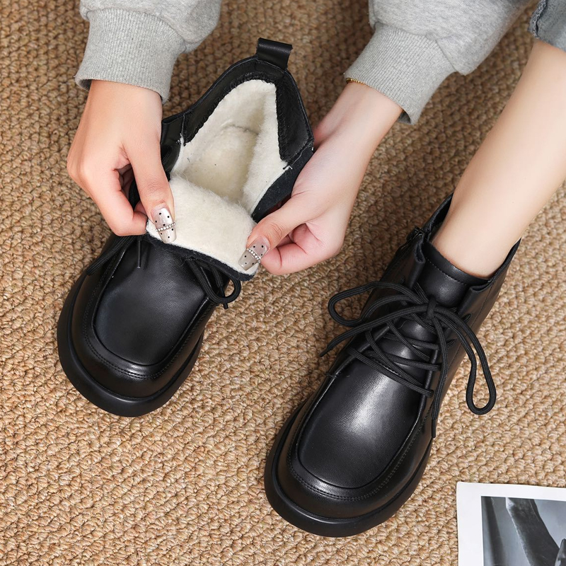Retro Martin Boots Women's 2025 Winter New Style Chunky Heel Lace-Up Short Boots Low-Top Leather Boots Mom Shoes Thickened Warmth