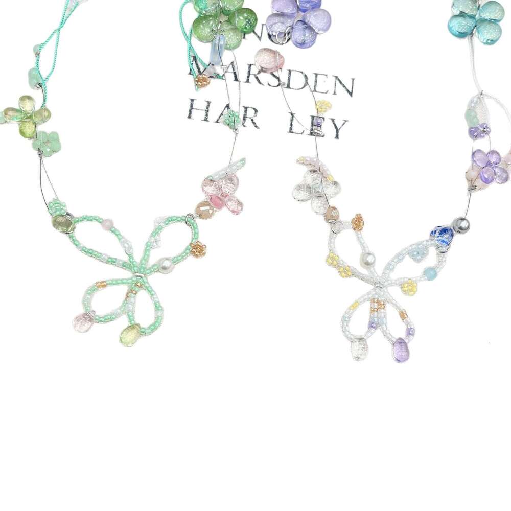 Girlish Summer Colorful Crystal Beaded Flower Bow Ballet Style Women's Collarbone Chain Necklace Niche Versatile aaa