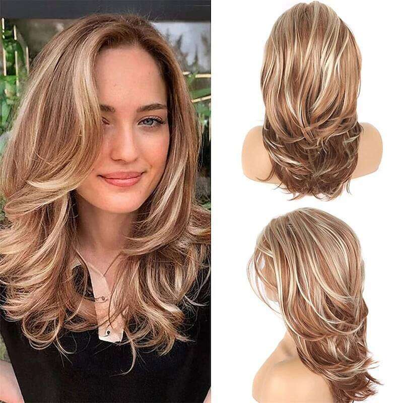 HAIRJOY Synthetic Hair Long Blonde Layered Wigs for Women Wavy with Highlight Heat Resistant Fiber