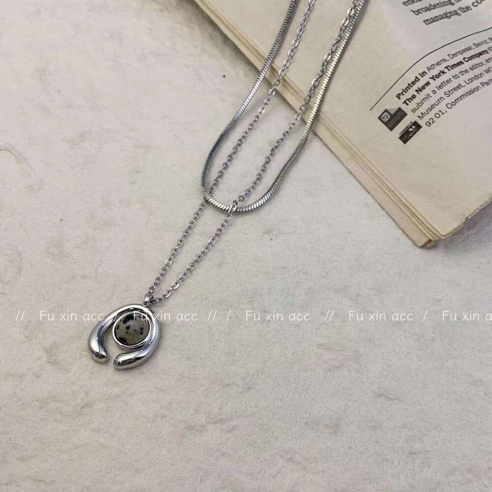 Four Seasons Versatile Double Layer Stacked Abstract Pattern Necklace for Women, Melad Sweater Chain, Niche Light Collarbone Chain 14c